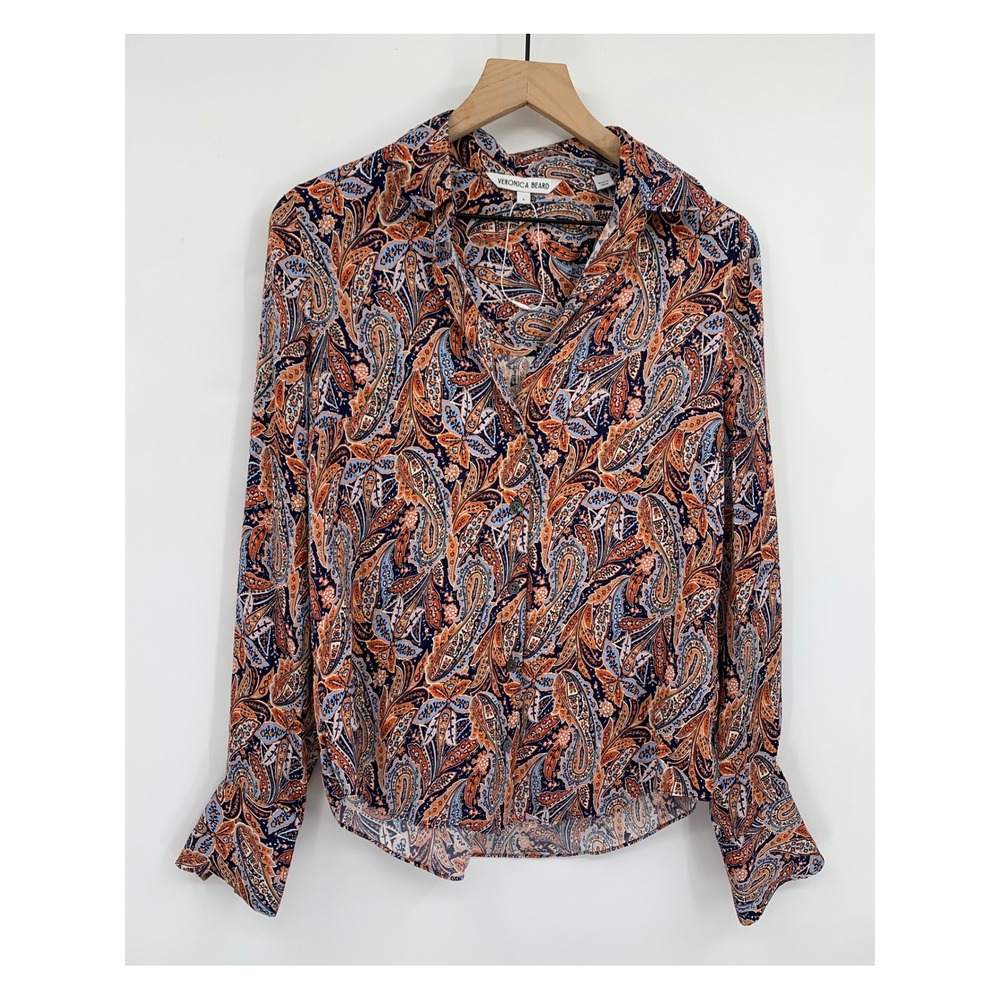 Veronica Beard Blouse Women 6 Blue Orange Paisley Silk Blend Amelia Button NEW